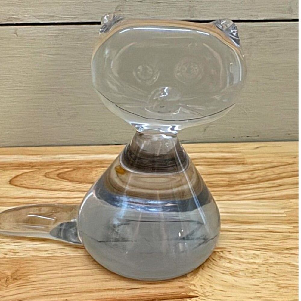 Vintage Hand-Blown Clear Glass Artist Signed Cat Figurine or Paperweight
